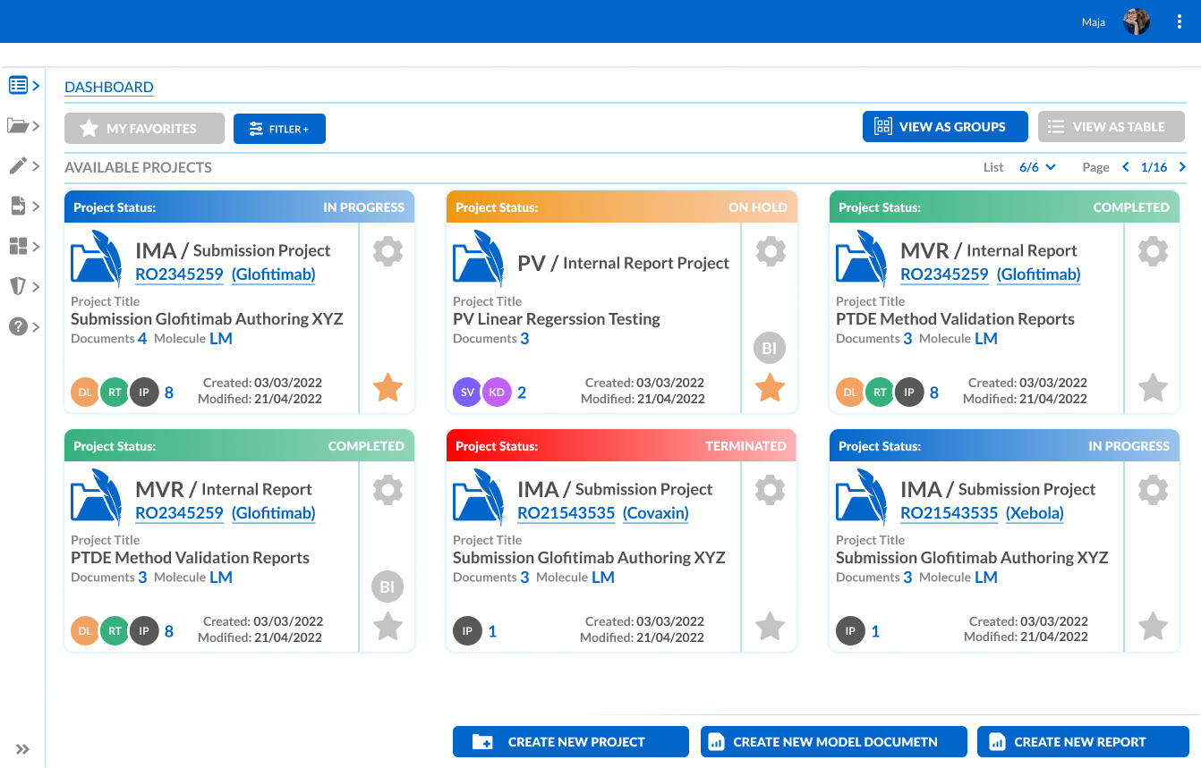 Regulatorisches Reporting Dashboard - ergonomische Projektübersicht mit Einstellungen, Favoriten und Links zu Dokumentations-Hubs