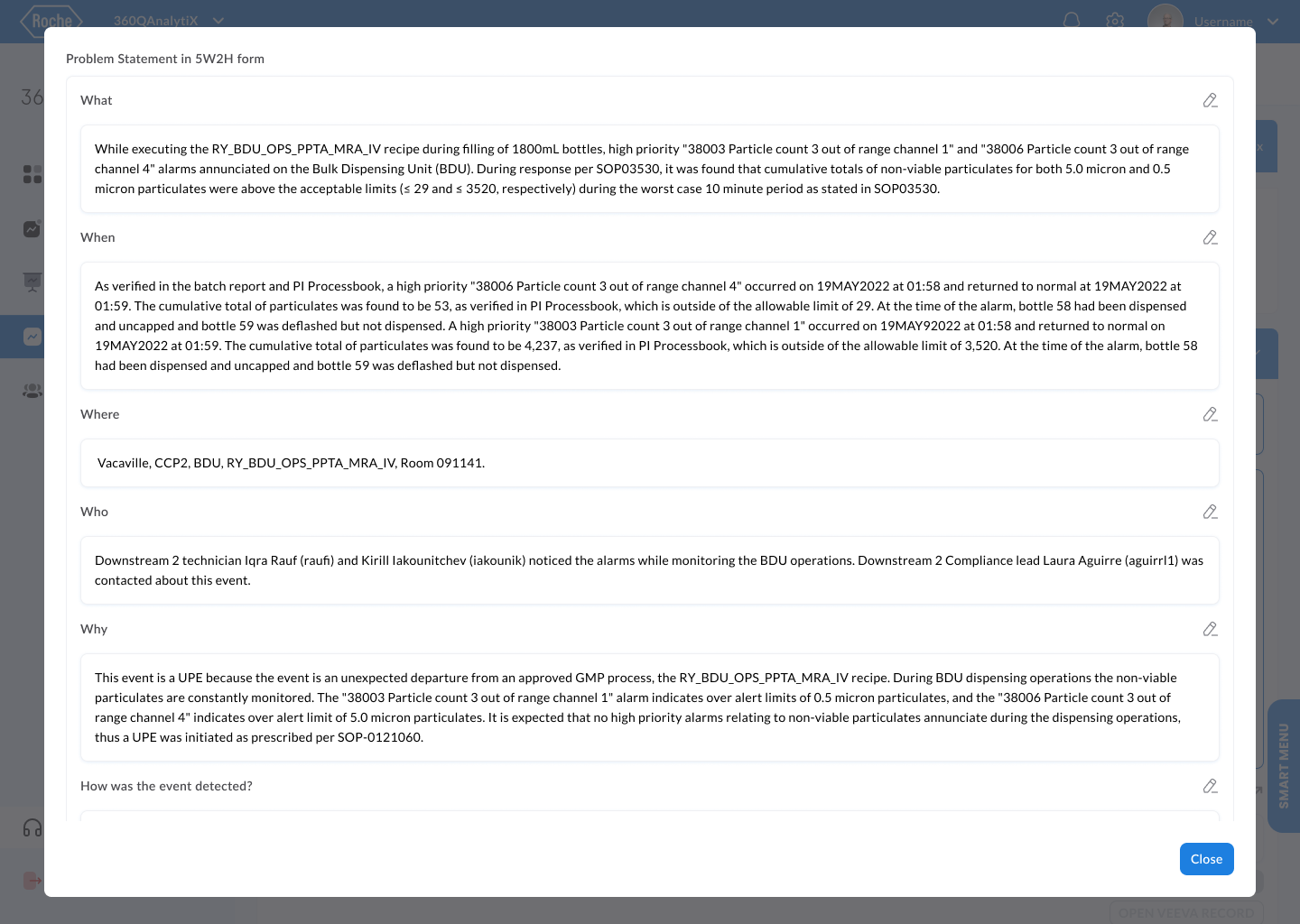 Roche Qualitätssicherung 5 Whys Untersuchungsoberfläche - sequenzielles kausales Fragetool, das pharmazeutische Ermittler zur zugrunde liegenden Grundursache führt